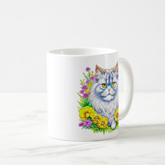 Witte Perzische Kat in Bloemen Koffiemok (Voorkant rechts)