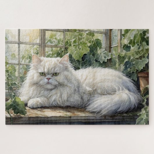 Witte Perzische kat in een tuin Legpuzzel (Horizontaal)