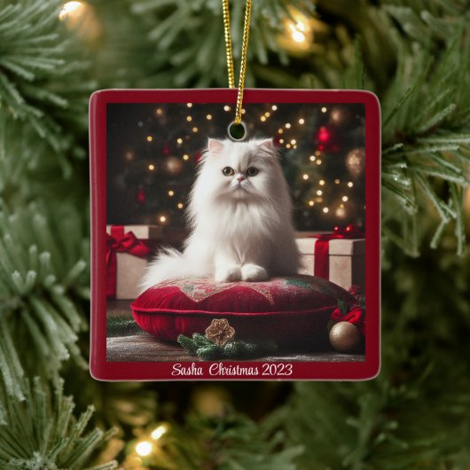 Witte Perzische Kat Kerstmis Keramisch Ornament (Boom)