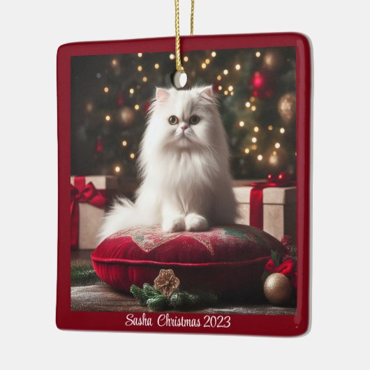 Witte Perzische Kat Kerstmis Keramisch Ornament (Links)