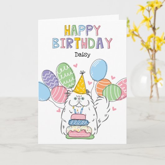 Witte Perzische Kat Longhair Verjaardagsfeest Kaart (Gele Bloem)