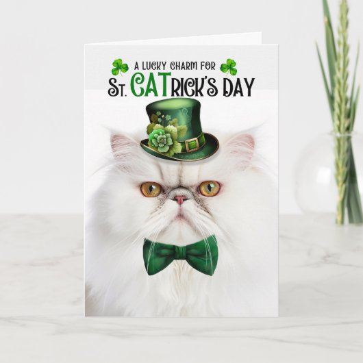 Witte Perzische Kat Lucky Charm St CATrick's Day Feestdagen Kaart (Voorkant)