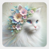 Witte Perzische kat met bloemlaurier Vierkante Sticker (Voorkant)