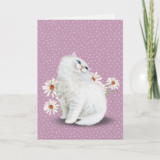 witte Perzische kat met madeliefjes kaart (Voorkant)
