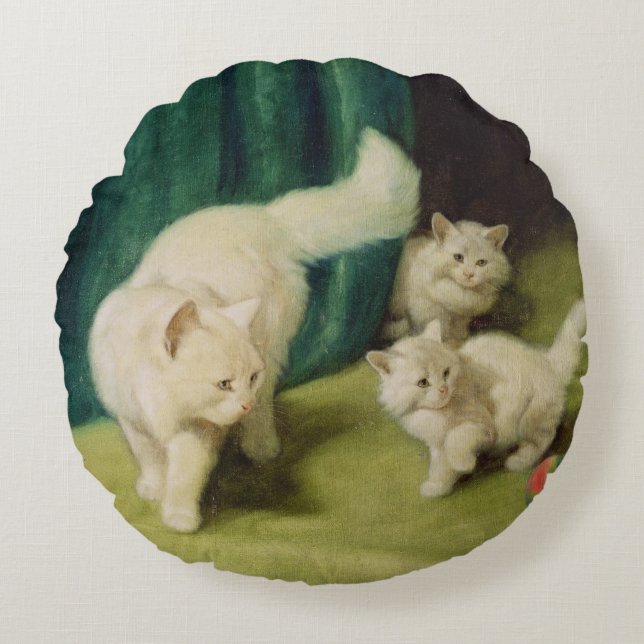 Witte Perzische kat met twee Kittens Rond Kussen (Voorkant)