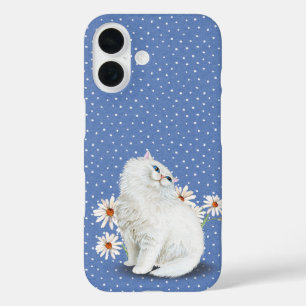 Witte Perzische kat op blauwe Hoesje-Mate iPhone C iPhone 16 Hoesje