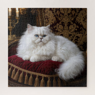 Witte Perzische kat op een fluwelen stoelkussen Legpuzzel