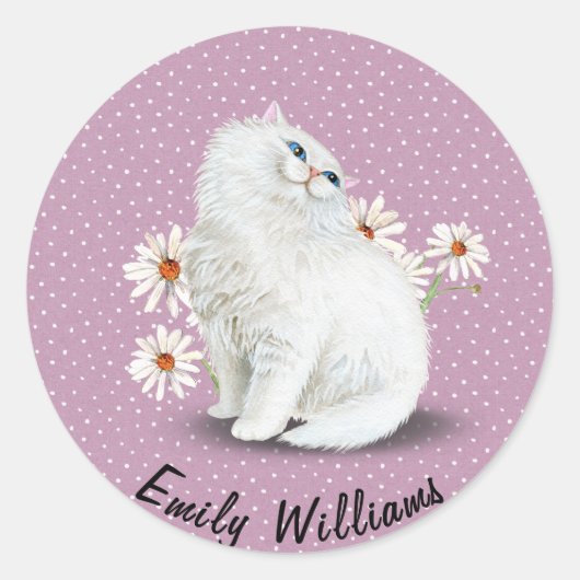 Witte Perzische kat op stippen Ronde Sticker (Voorkant)