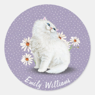 Witte Perzische kat op stippen Ronde Sticker