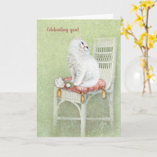 witte Perzische kat op stoel verjaardag Kaart (Gele Bloem)