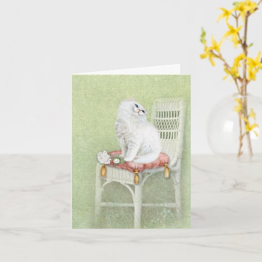 witte Perzische kat op stoelendag Kaart (Gele Bloem)