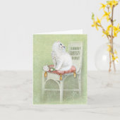 Witte Perzische kat op stoelonderbuis Kaart (Gele Bloem)