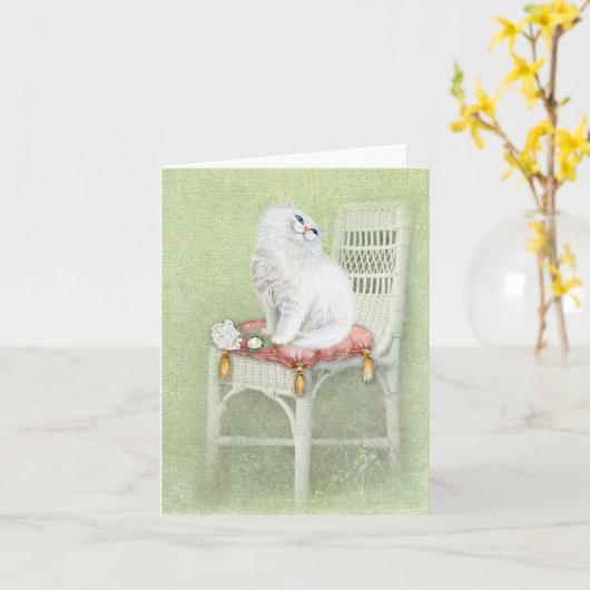 Witte Perzische kat op stoelonderbuis Kaart (Gele Bloem)