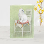 Witte Perzische kat op stoelonderbuis Kaart (Gele Bloem)