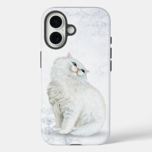 witte Perzische kat op zilverdiamantpatroon iPhone 16 Hoesje
