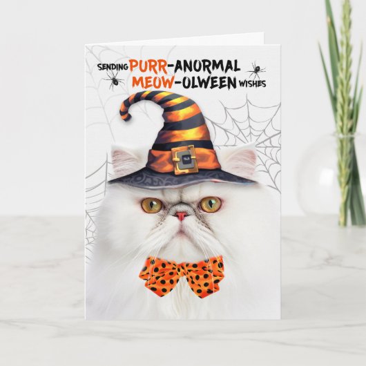 Witte Perzische Kat PURRanormale MEOWolween Feestdagen Kaart (Voorkant)