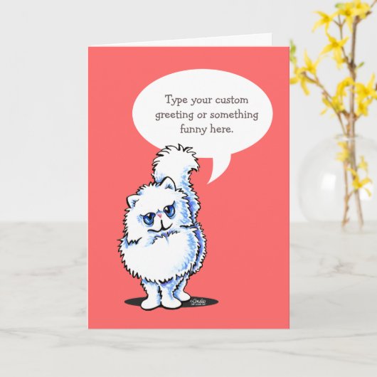 Witte Perzische kat spreekt uw aangepaste groet Kaart (Gele Bloem)