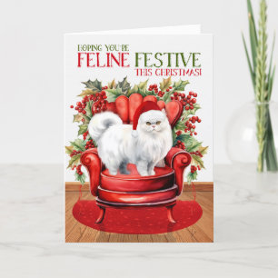Witte Perzische Kerstmis Kat FELINE Feestelijk Feestdagen Kaart