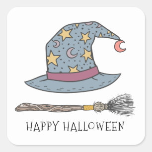 Witte Pet Broom stick Halloween Vierkante Sticker