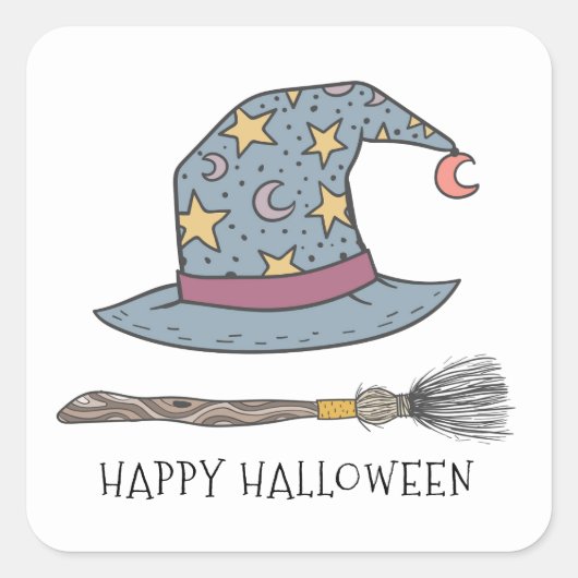 Witte Pet Broom stick Halloween Vierkante Sticker (Voorkant)
