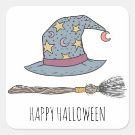 Witte Pet en Broomstick Halloween Party Vierkante Sticker