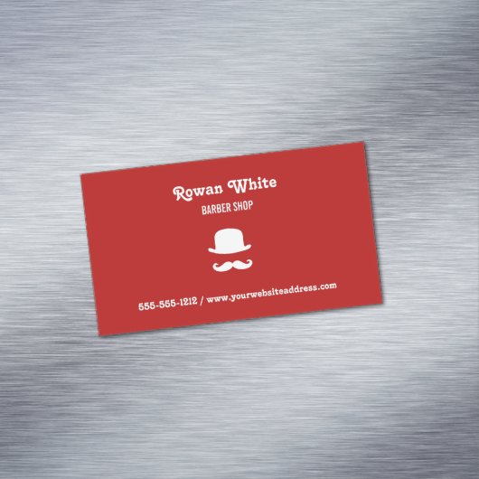Witte pet en snor-silhouet rood magnetisch visitekaartje (Voorbeeld)