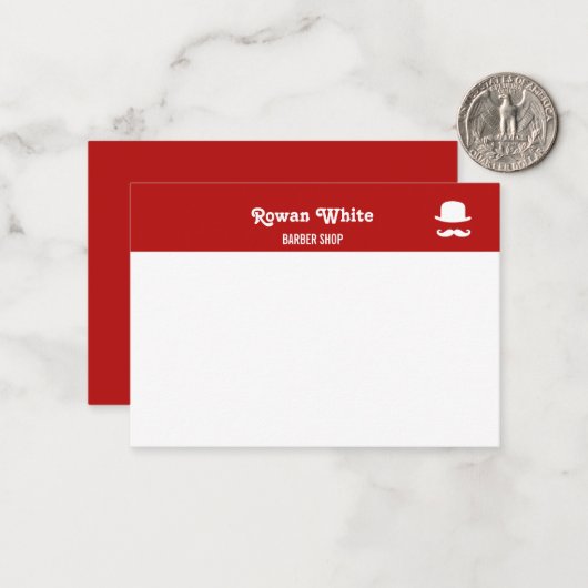 Witte pet en snor-silhouet rood notitiekaartje (Voorkant / Achterkant in situ)