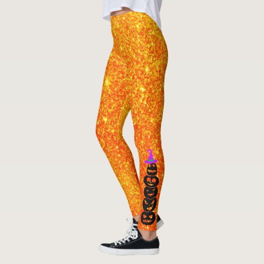 Witte Pet Gestapelde pompoenen Glitter Halloween Leggings (Links)