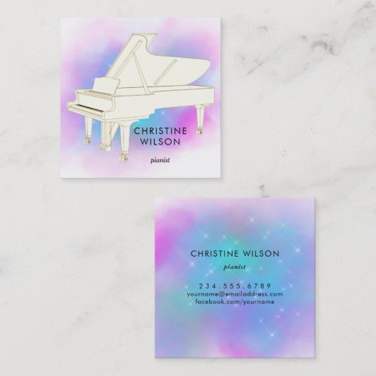 Witte piano op kleurrijke waterverf Cloud Vierkante Visitekaartje (Voorkant / Achterkant)