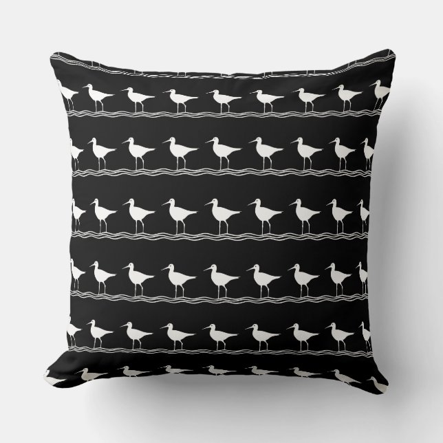 witte PILLOW-kust van de marine, BLACK SAND PIPER Kussen (Voorkant)