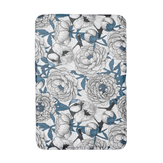 Witte pinda's en blauwe stietvogels, badmat (Voorkant Verticaal)