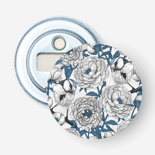 Witte pinda's en blauwe stifvogels button flesopener (Voorkant)