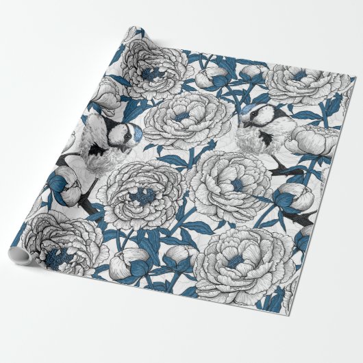Witte pinda's en blauwe stifvogels cadeaupapier (Uitgerold)