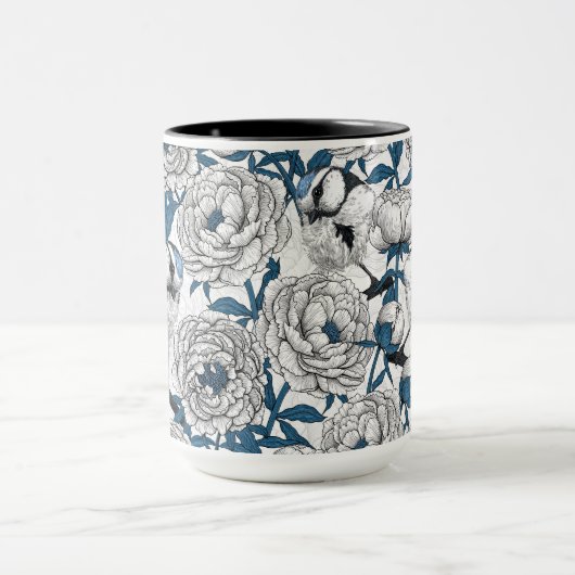 Witte pinda's en blauwe stifvogels mok (Midden)