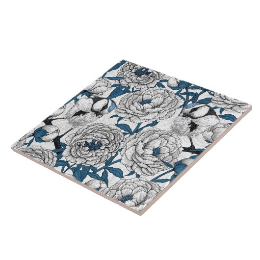 Witte pinda's en blauwe stifvogels tegeltje (Zijkant)