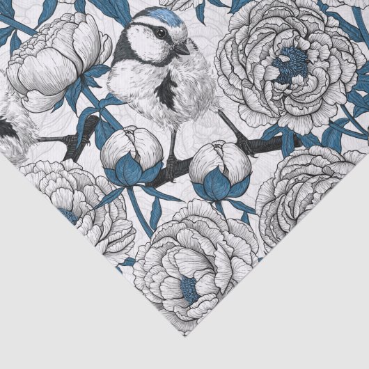 Witte pinda's en blauwe stifvogels tissuepapier (Detail)