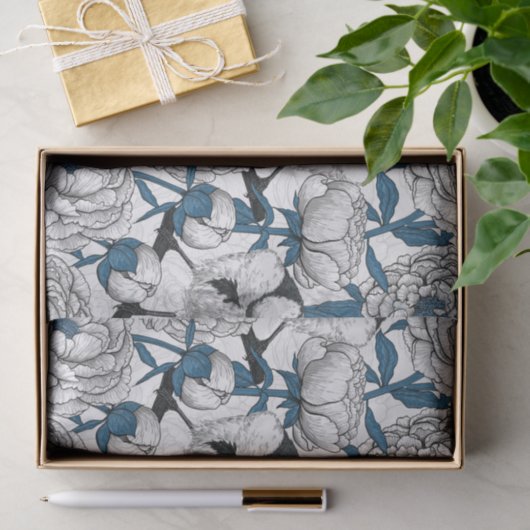 Witte pinda's en blauwe stifvogels tissuepapier (Geschenk)