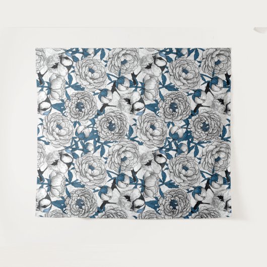 Witte pinda's en blauwe stifvogels wandkleed (Voorkant (horizontaal))