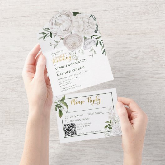 Witte pinda's Floral White QR Code All In One Uitnodiging (Afscheurbaar)