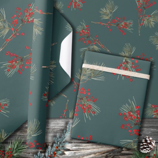 Witte Pine Branch Rode Ilex Bessen Slate Groen Cadeaupapier
