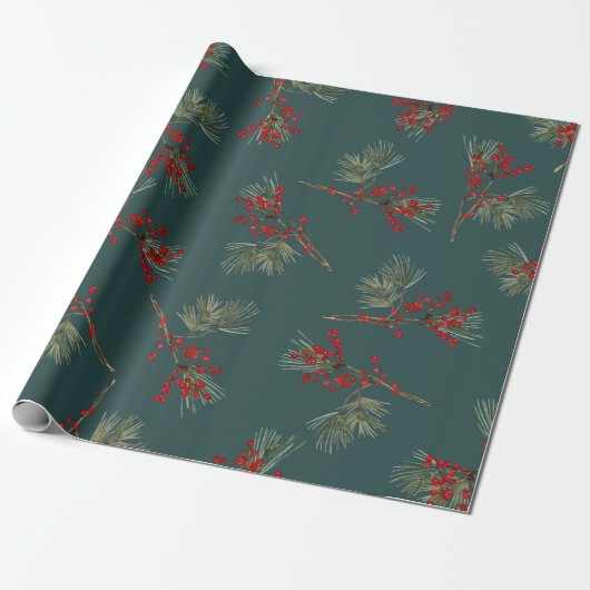 Witte Pine Branch Rode Ilex Bessen Slate Groen Cadeaupapier (Uitgerold)