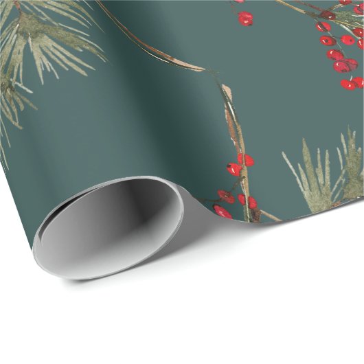Witte Pine Branch Rode Ilex Bessen Slate Groen Cadeaupapier (Rol Hoek)
