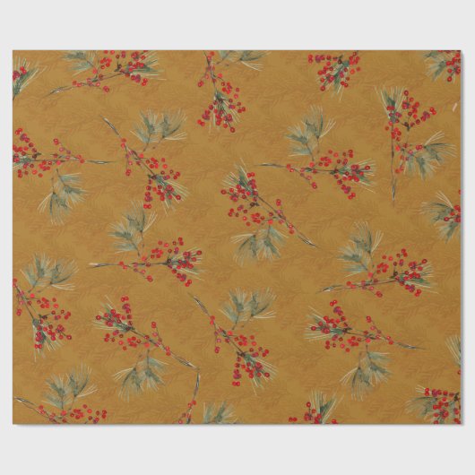 Witte Pine Branch Rood Ilex bessen Goud Cadeaupapier (Vlak)