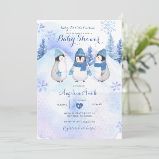 Witte Pinguïn Winter Baby shower Kaart (Staand voorkant)