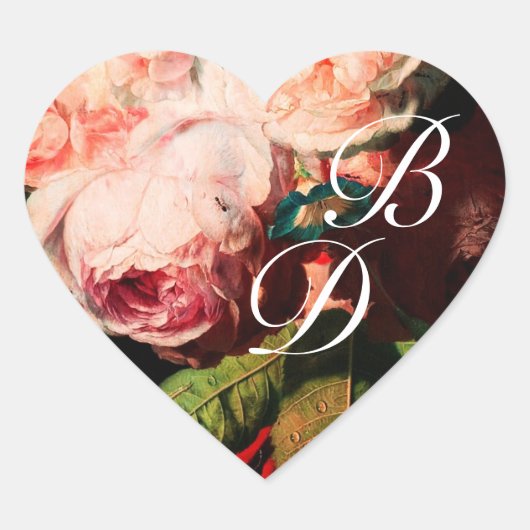 WITTE PINKROSSEN EN MORENDE GEHEUGENMONOGRAM HART STICKER (Voorkant)