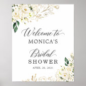 Witte Pioen Bloem Gouden Bladeren Bruidsfeest Bord Poster (Voorkant)