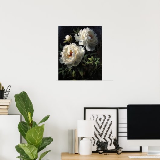 Witte Pioen Bloemen Art Print Poster (Thuiskantoor)