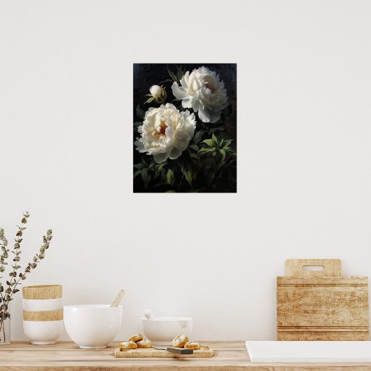 Witte Pioen Bloemen Art Print Poster (Keuken)