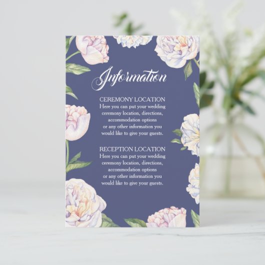 Witte Pioen Bloemen Blauw Bruiloft Informatie Kaar Informatiekaartje (Staand voorkant)
