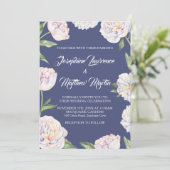 Witte Pioen Bloemen Blauwe Bruiloft Uitnodigingen (Staand voorkant)